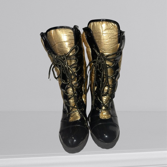 EUC Baby Phat Women's Black Gold Lace Up Heel Boots